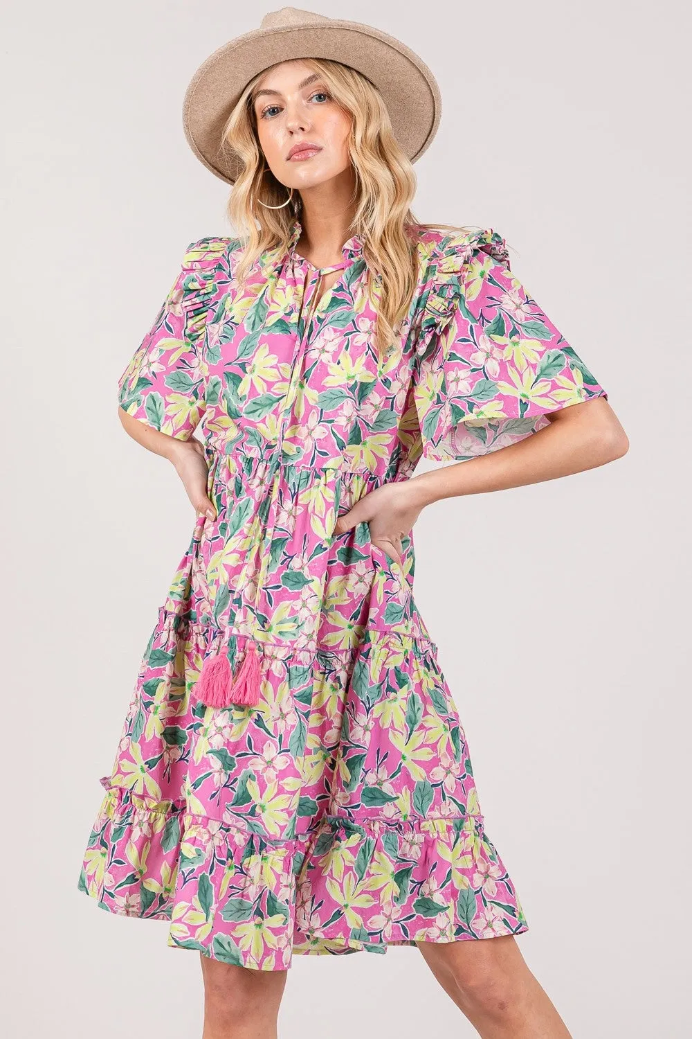 🌸 SAGE   FIG Floral Ruffle Short Sleeve Dress 🌸