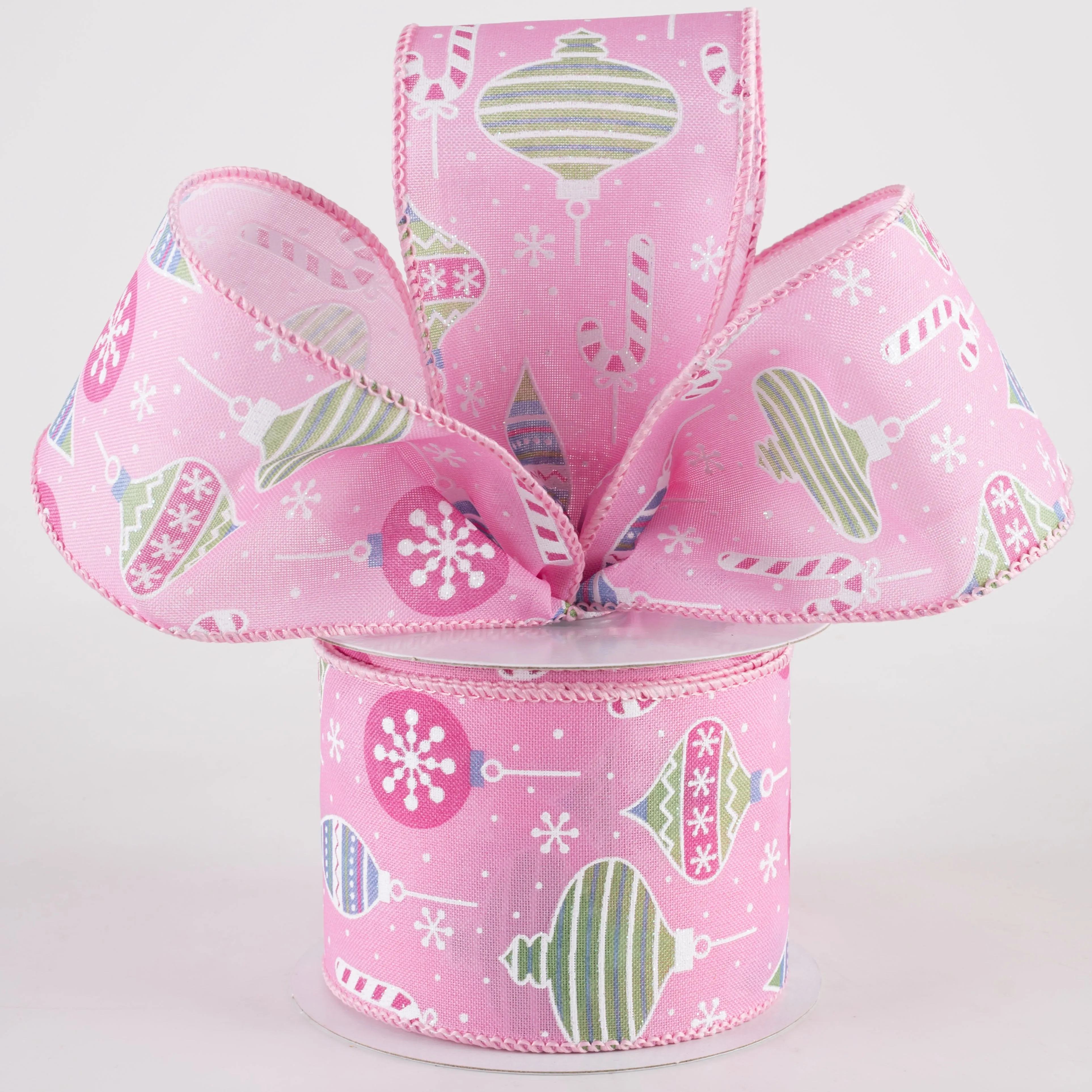 2.5" Hanging Christmas Ornaments Ribbon: Mint on Pink (10 Yards)