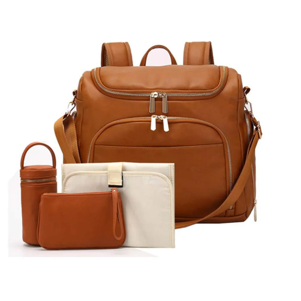 3-in-1 Brown Leather Luxury Mom Travel Baby Diaper Bag