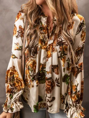 Apricot Feminine Floral V-Neck Ruffle Sleeve Blouse