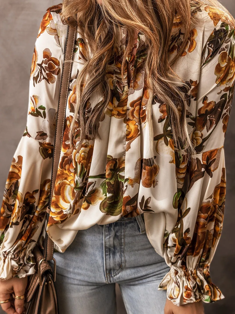 Apricot Feminine Floral V-Neck Ruffle Sleeve Blouse