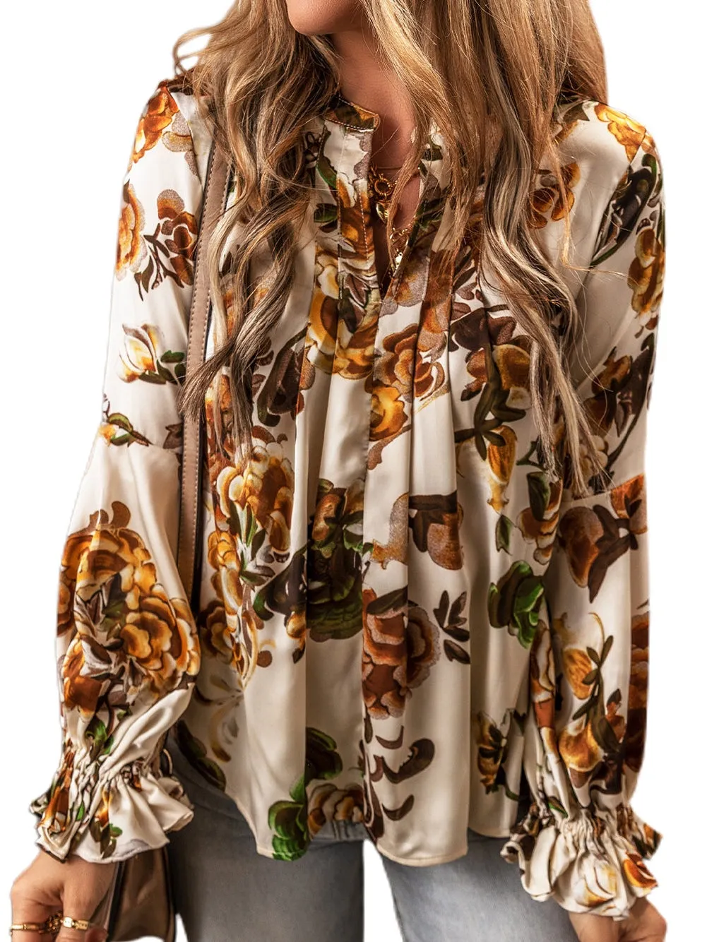 Apricot Feminine Floral V-Neck Ruffle Sleeve Blouse