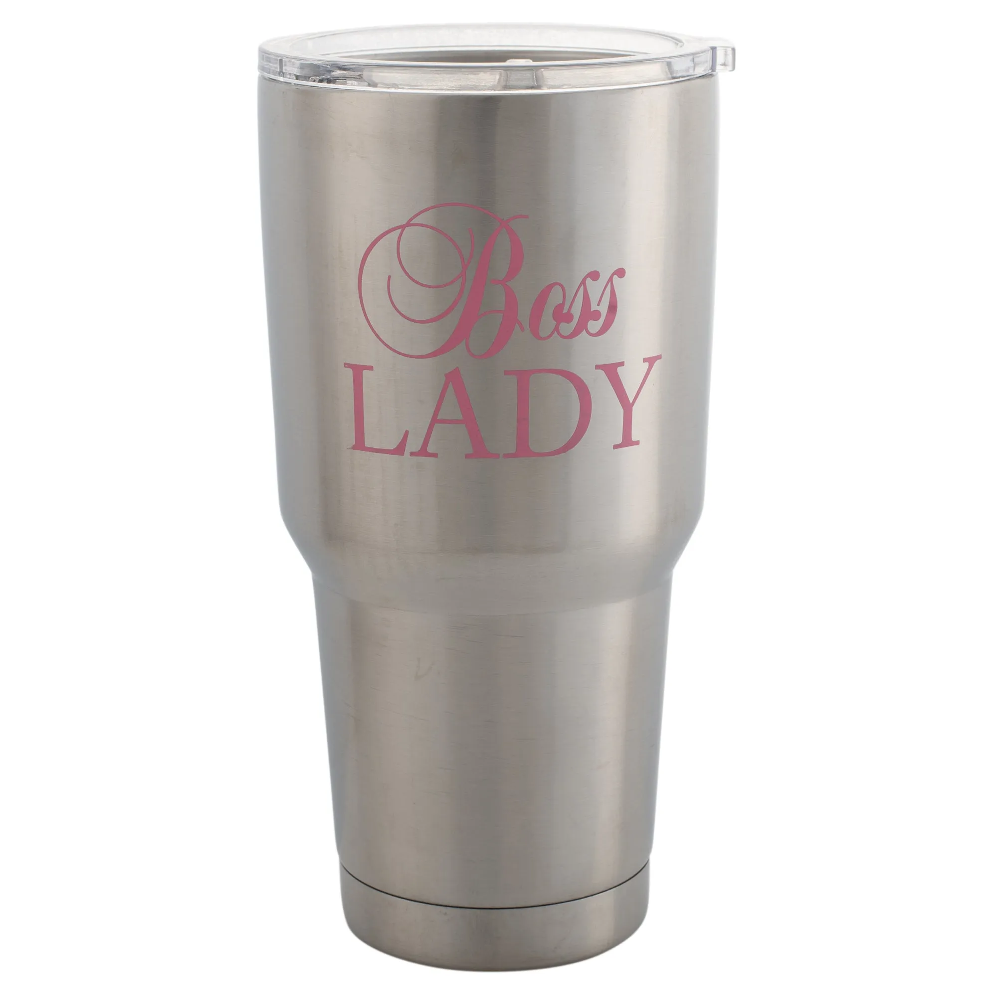 Boss Lady Script Silver Tone 30 Oz Stainless Steel Travel Mug with Lid