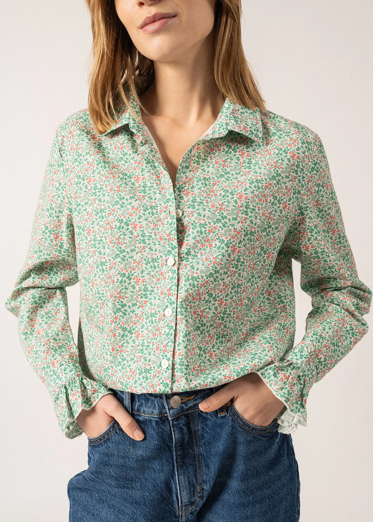 Charline Floral Shirt - in cotton, with flounced cuffs (TREFLE/DOLY)