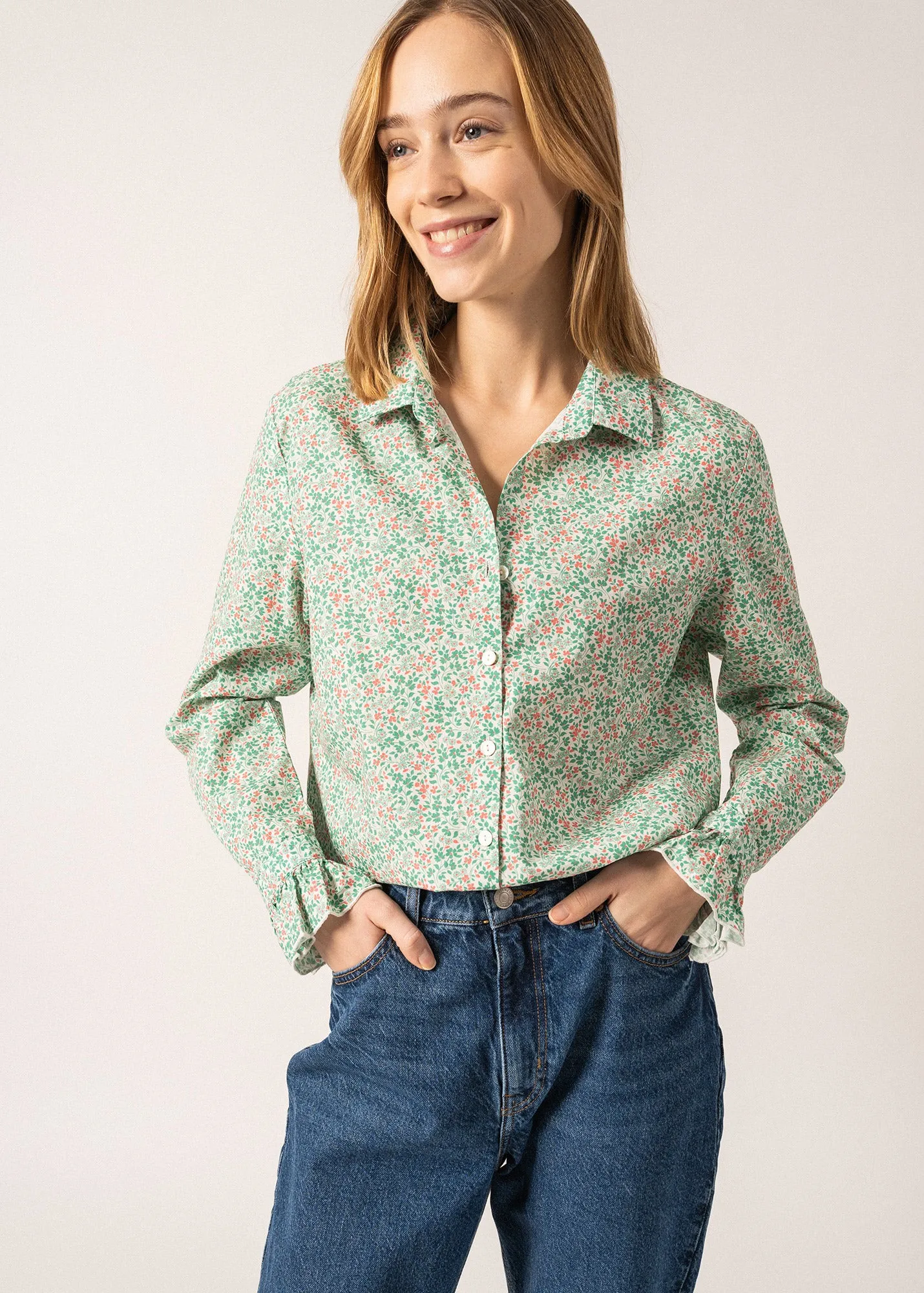 Charline Floral Shirt - in cotton, with flounced cuffs (TREFLE/DOLY)