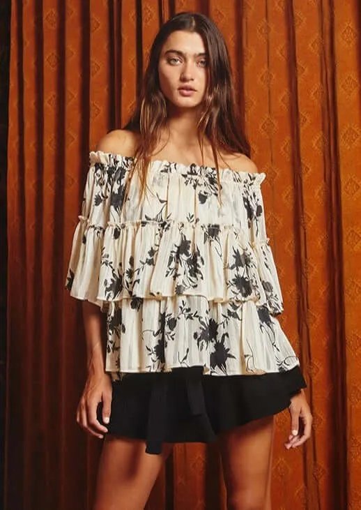 Chiffon Tiered Off the Shoulder Floral Top Made in USA