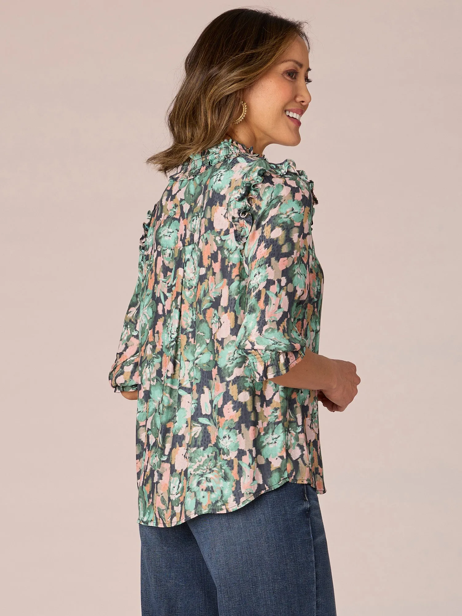 Cinched Sleeve Ruffle Stand Collar Floral Print Petite Woven Top