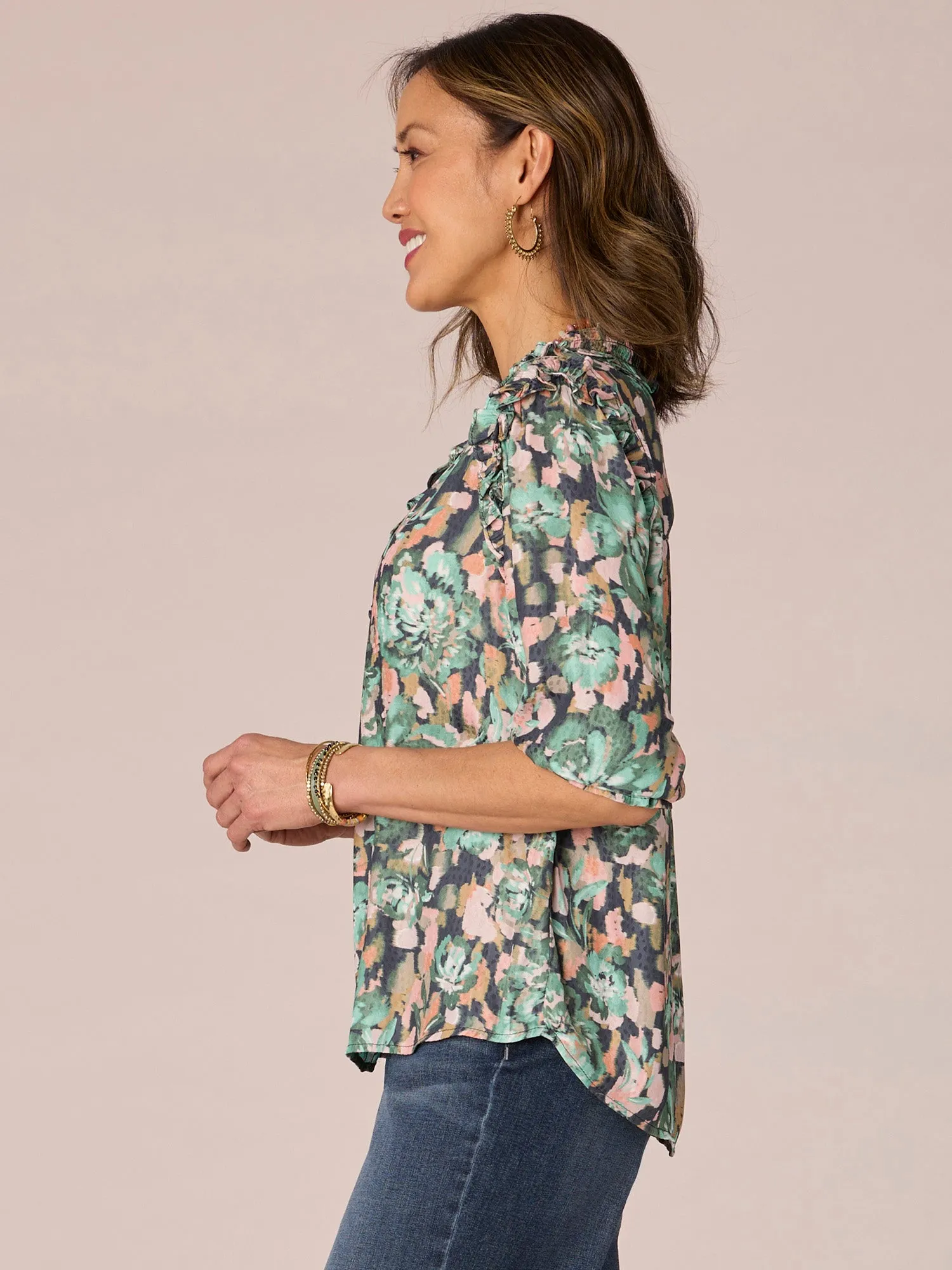 Cinched Sleeve Ruffle Stand Collar Floral Print Petite Woven Top