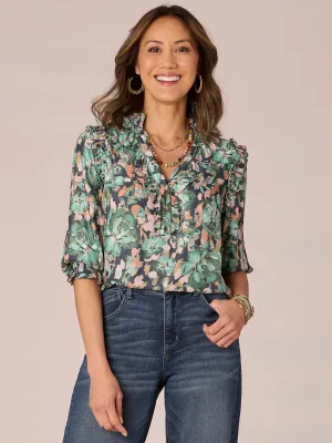 Cinched Sleeve Ruffle Stand Collar Floral Print Petite Woven Top