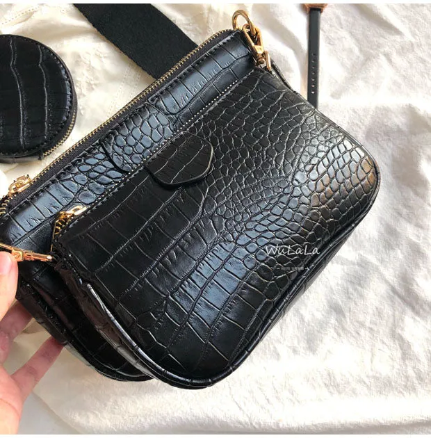 Crocodile Embossed Leather Crossbody Bag with Wide Strap