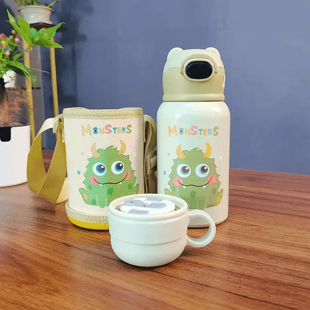 Cute Cartoon Stainless Steel School Water Bottle for Kids with Temperature Display with Portable Strap