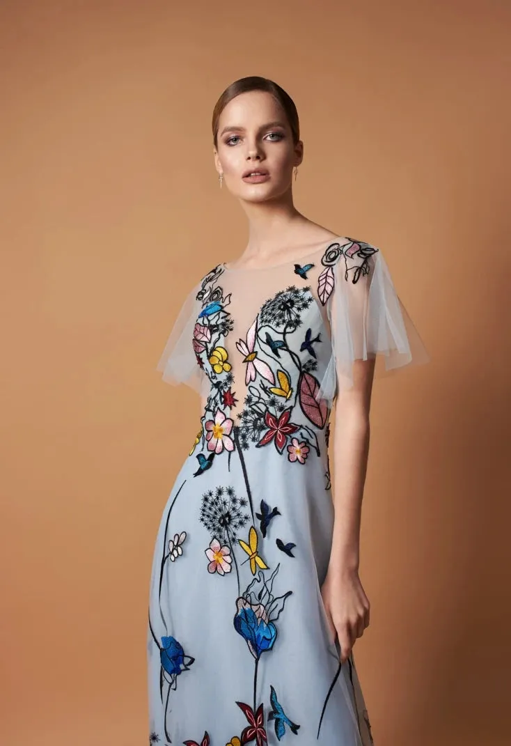 Embroidered Unconventional Gown with Short Sleeves