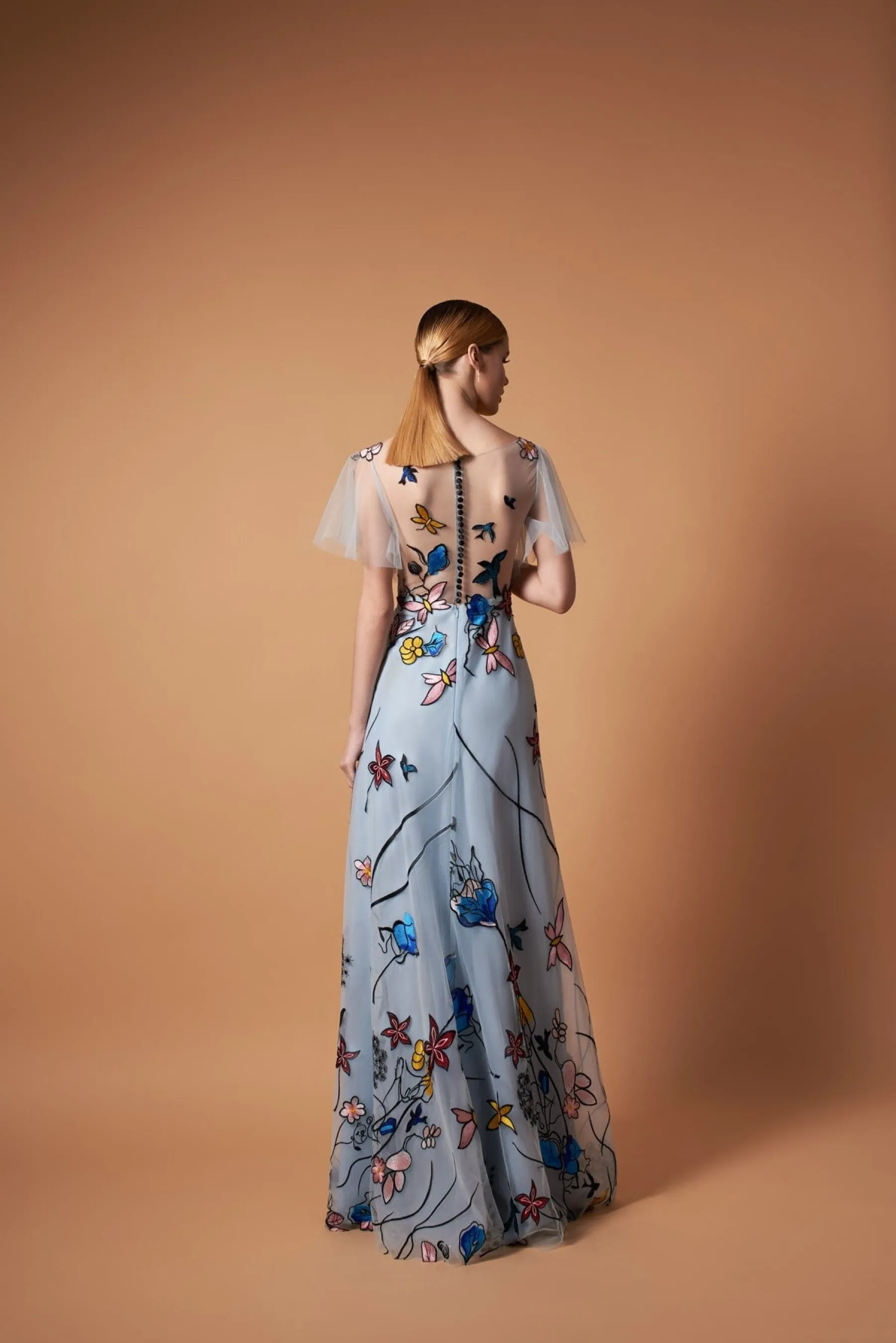 Embroidered Unconventional Gown with Short Sleeves