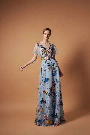 Embroidered Unconventional Gown with Short Sleeves