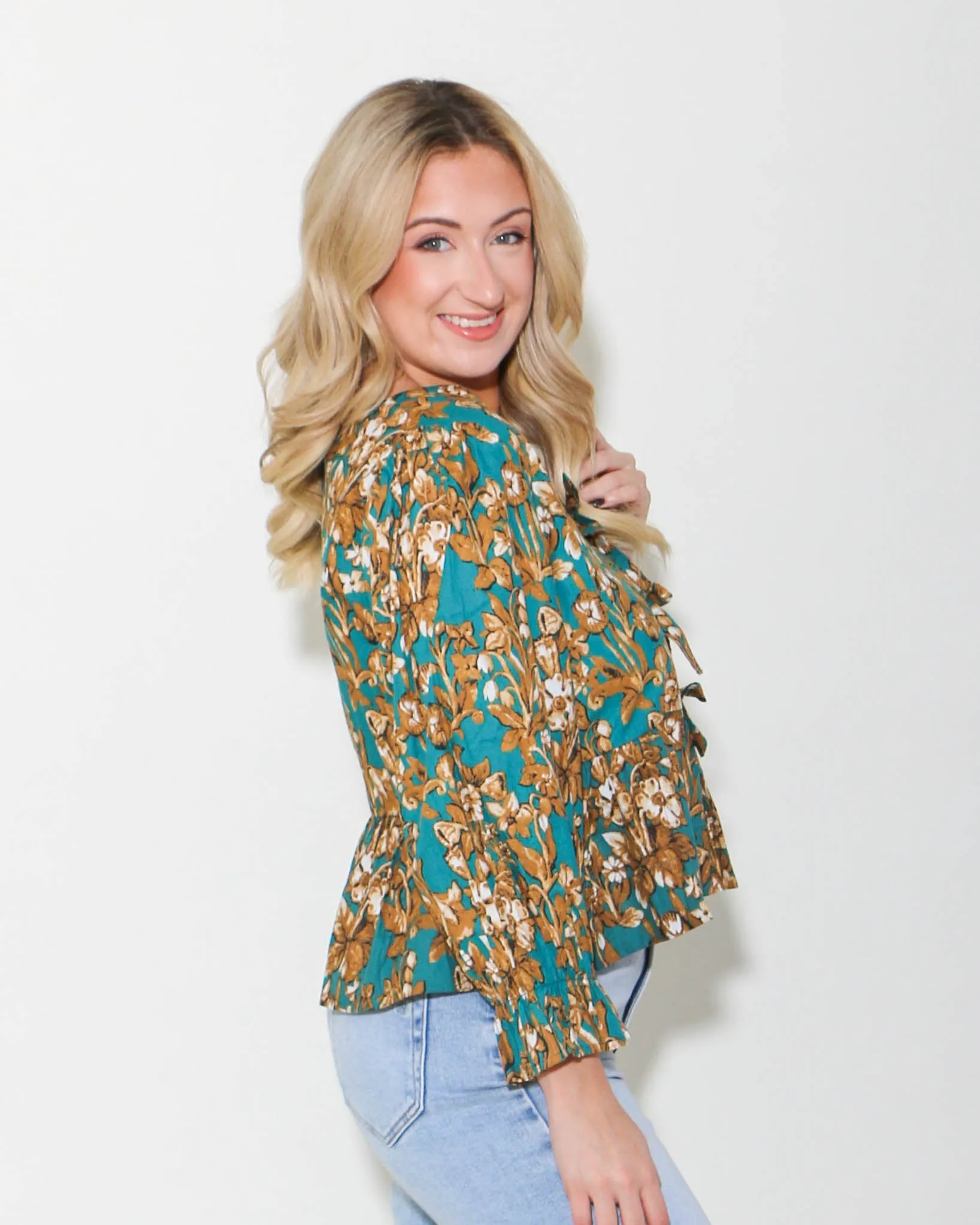 Emerald Floral 3/4 Sleeve Peplum Top