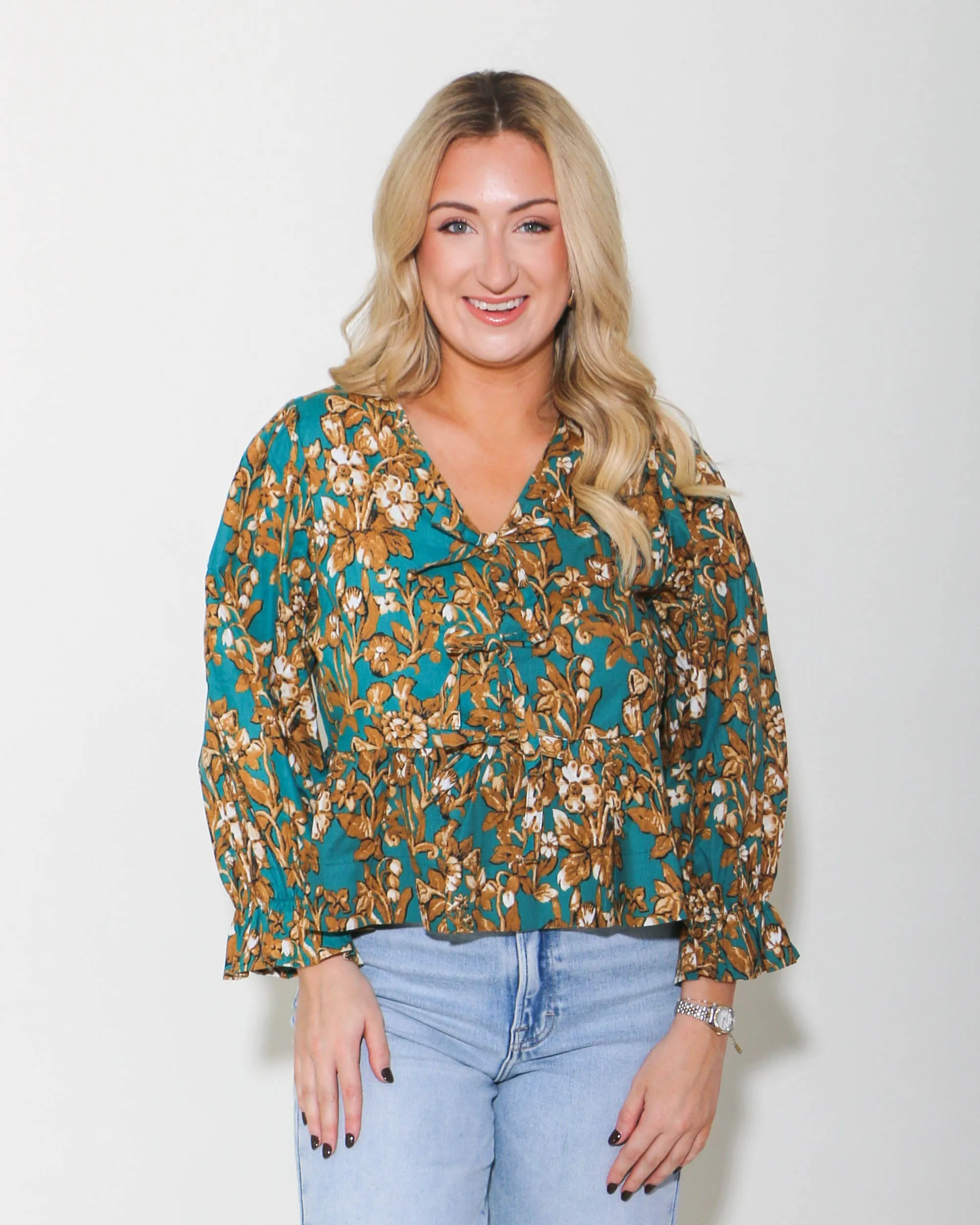 Emerald Floral 3/4 Sleeve Peplum Top