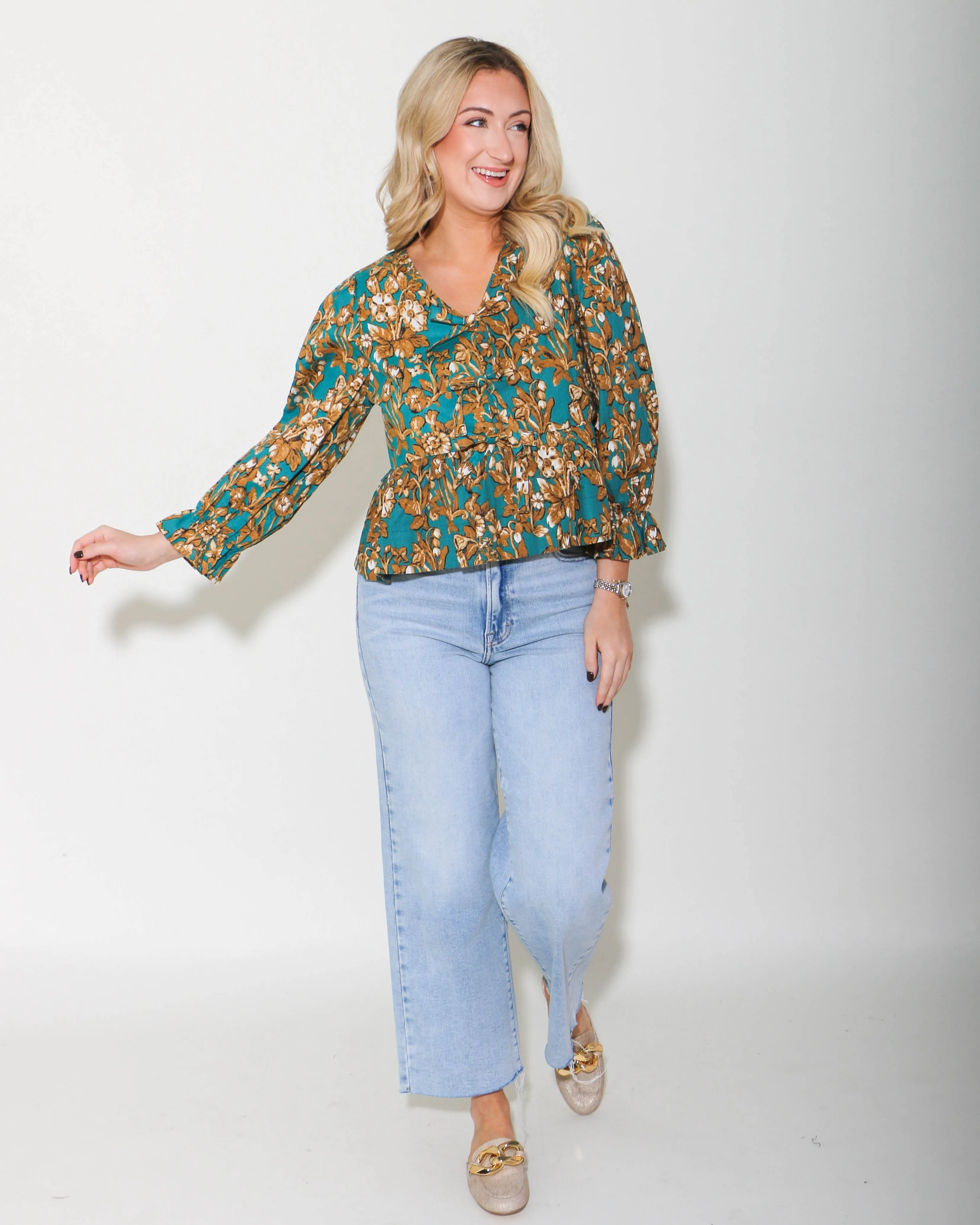 Emerald Floral 3/4 Sleeve Peplum Top