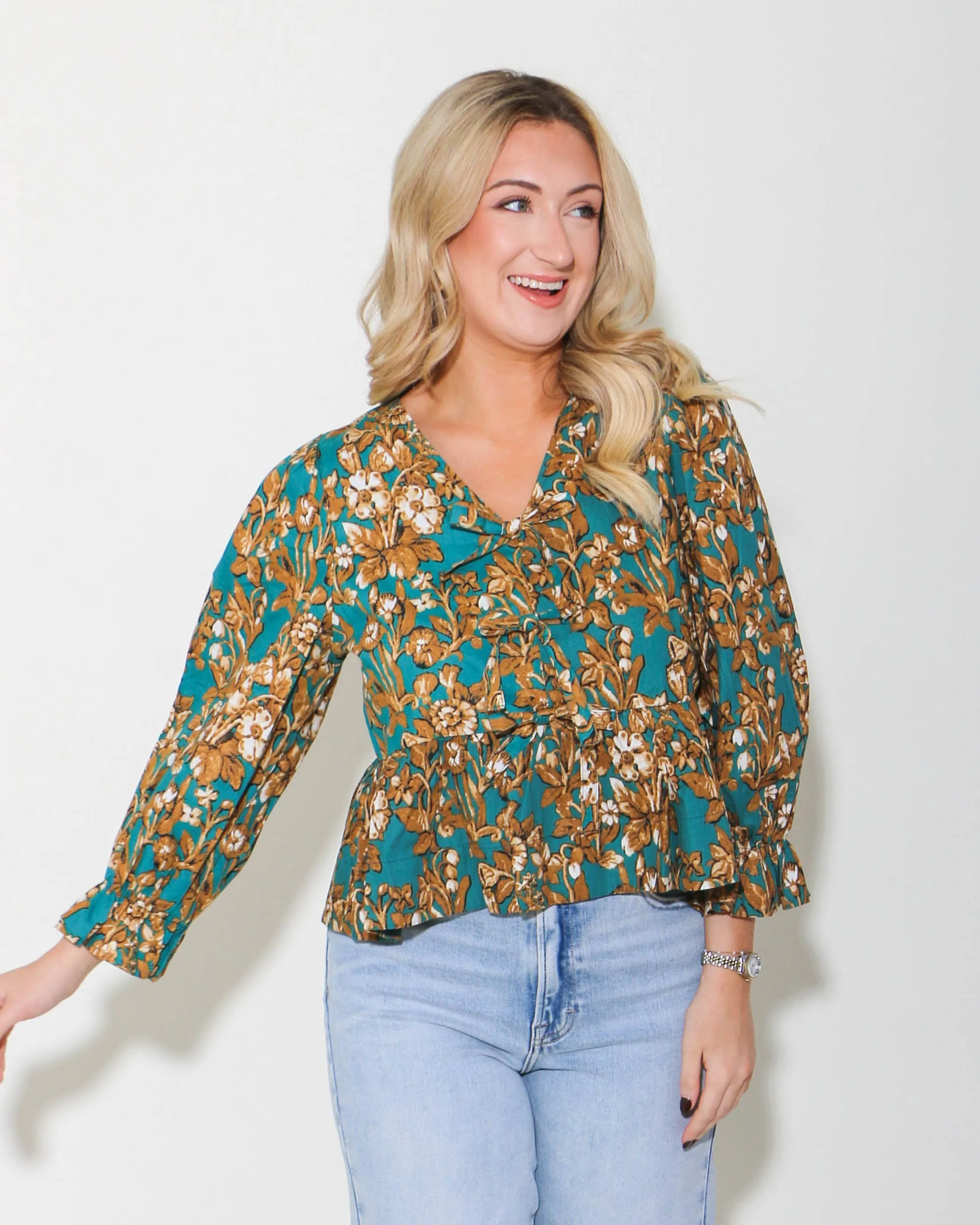 Emerald Floral 3/4 Sleeve Peplum Top