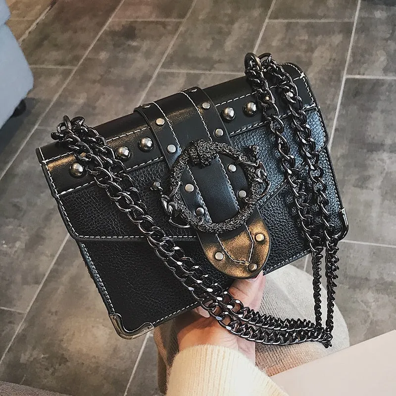 Fashion Leather Rivet Lock Square Bag