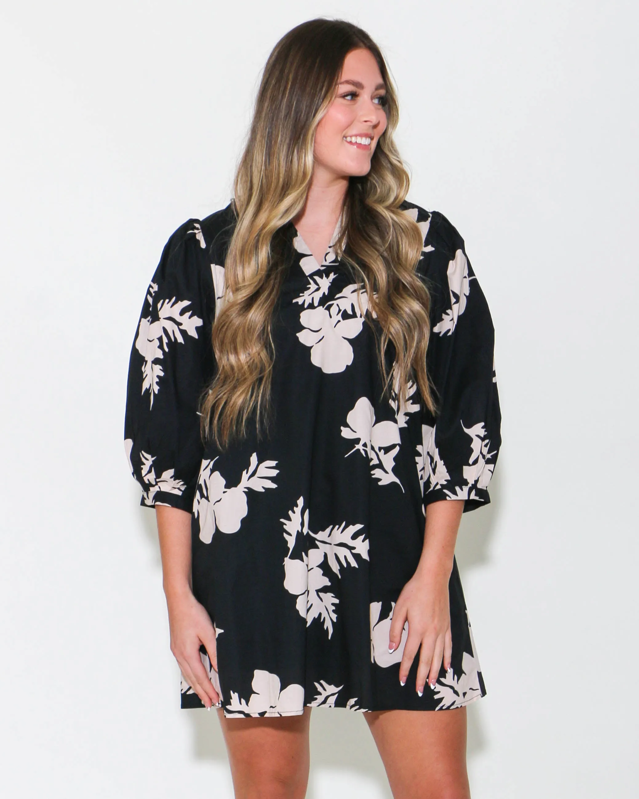 Floral 3/4 Sleeve Mini Dress in Black