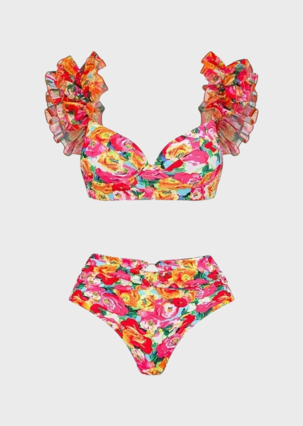 Floral Print Ruffled Two-Piece Bikini Swimsuit & Cover-Up Skirt