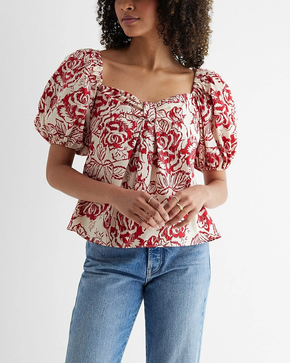 Floral Sweetheart Neckline Tie Back Babydoll Top in Red Print