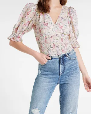 Floral V-Neck Smocked Cropped Top in White Print