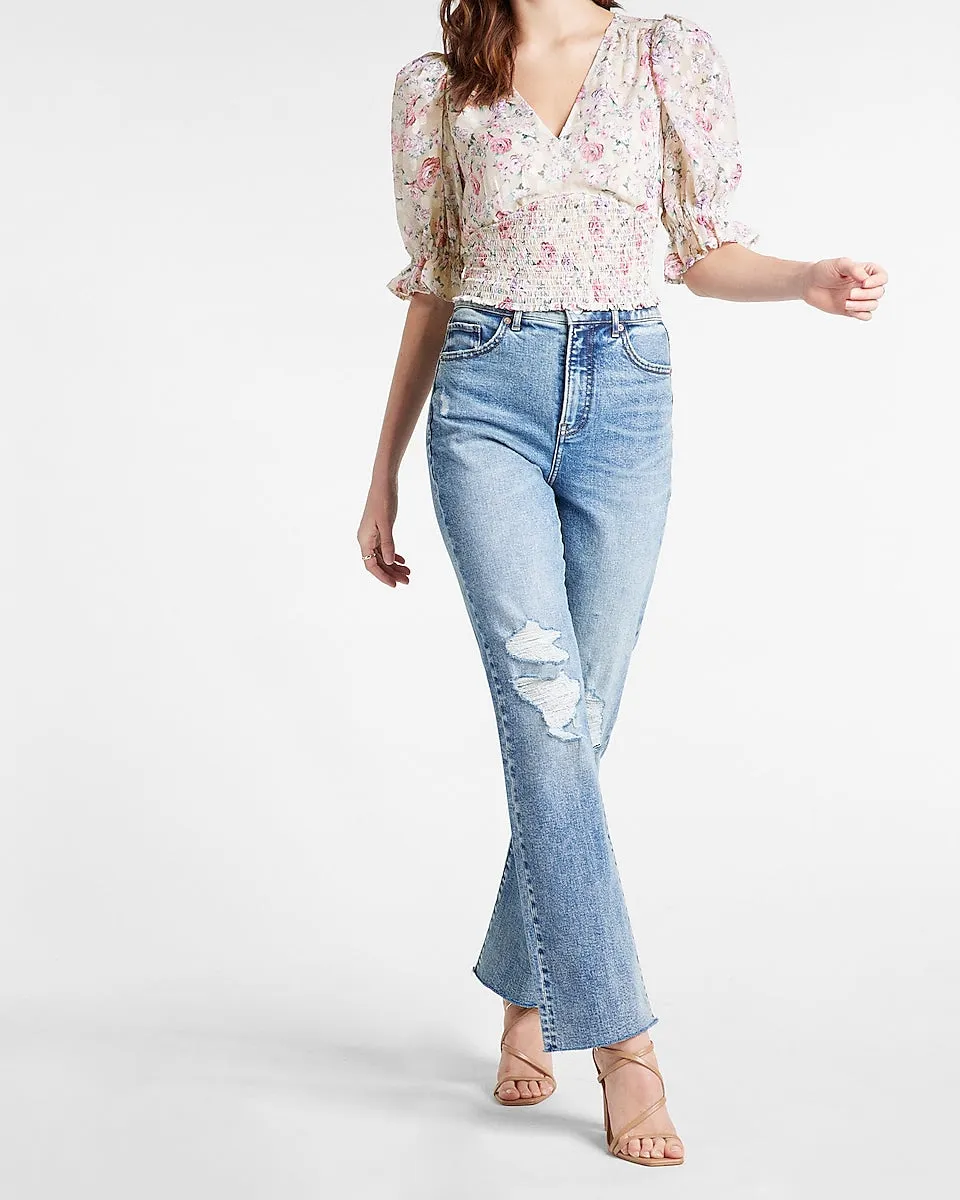 Floral V-Neck Smocked Cropped Top in White Print