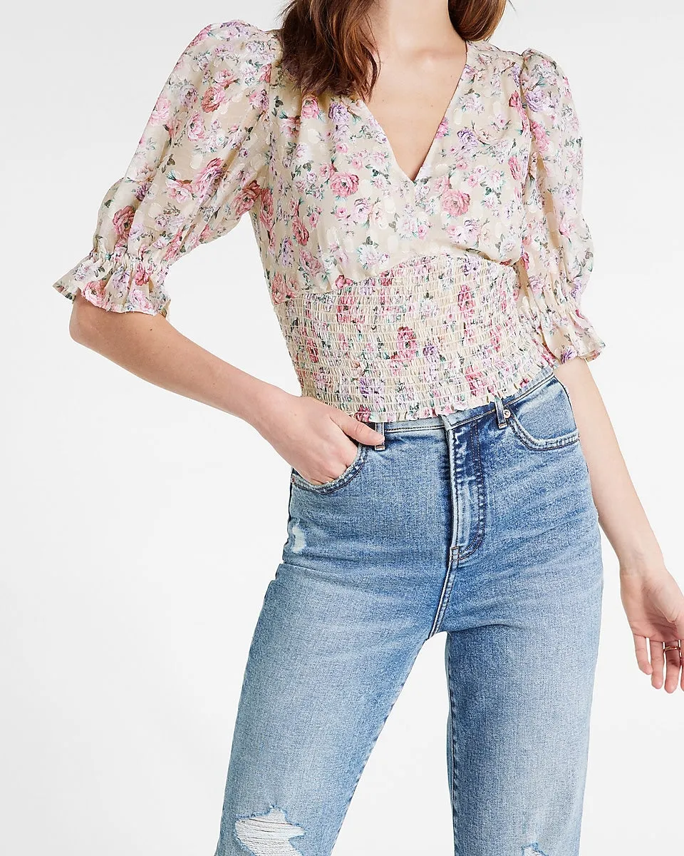 Floral V-Neck Smocked Cropped Top in White Print