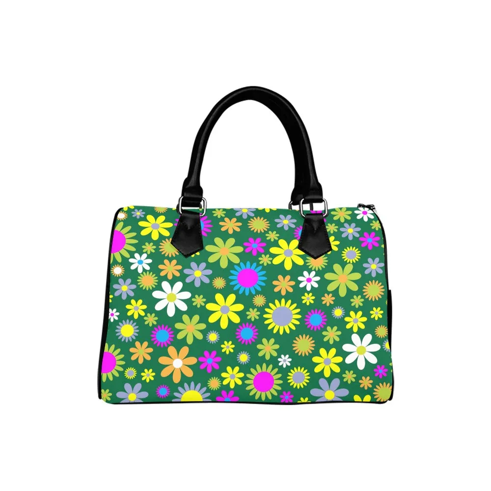 Green Retro Flowers Boston Handbag