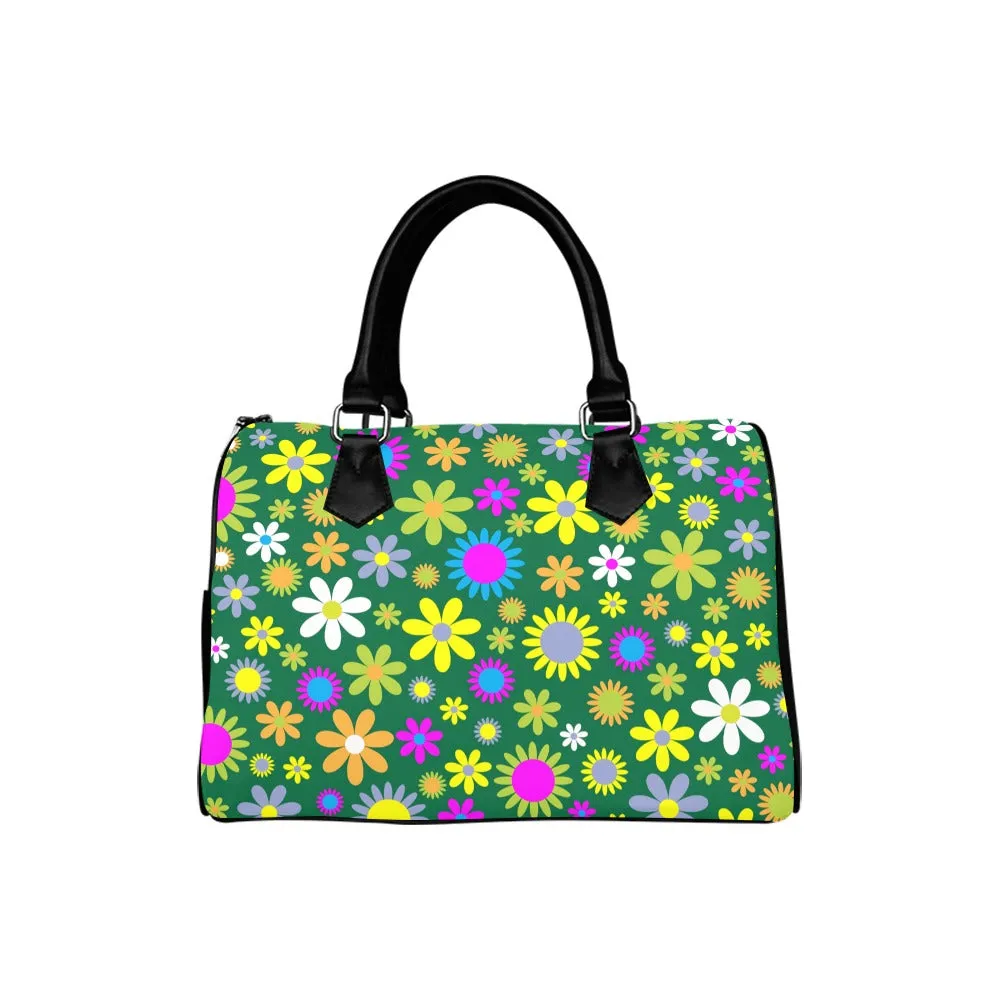 Green Retro Flowers Boston Handbag