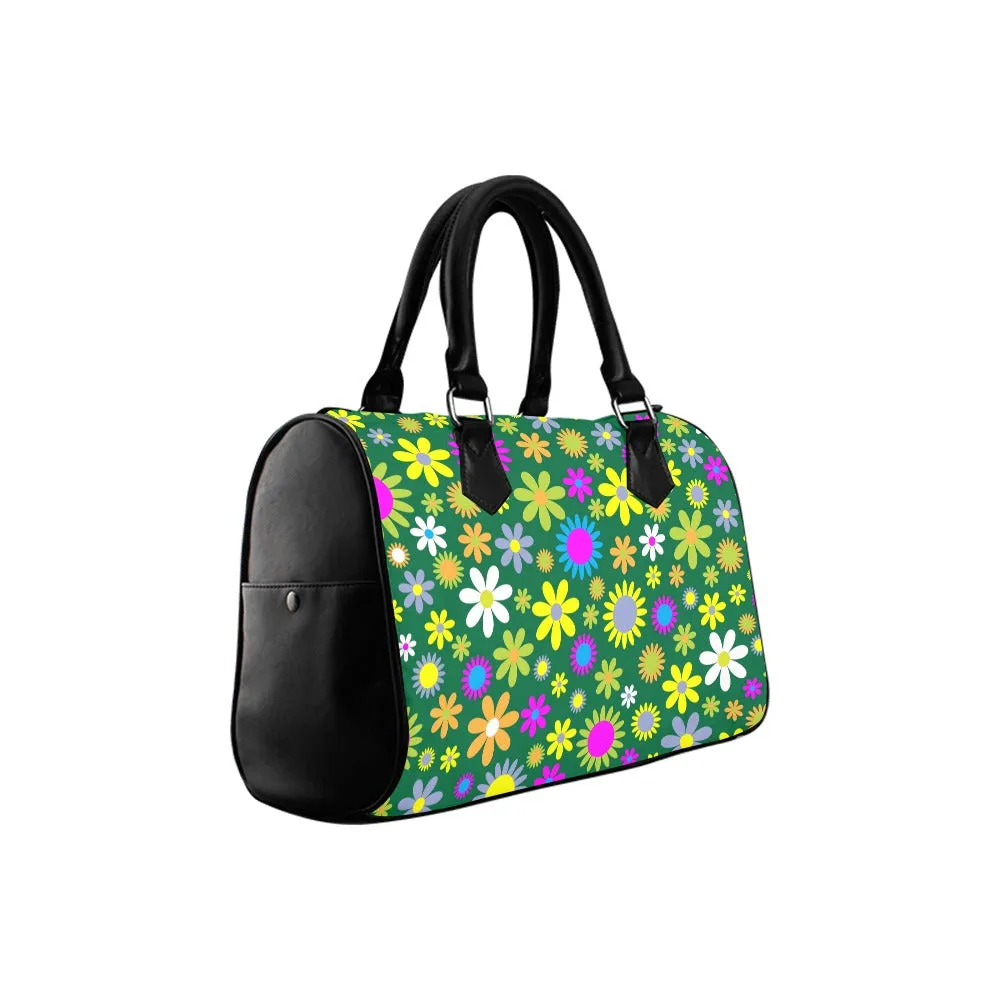 Green Retro Flowers Boston Handbag