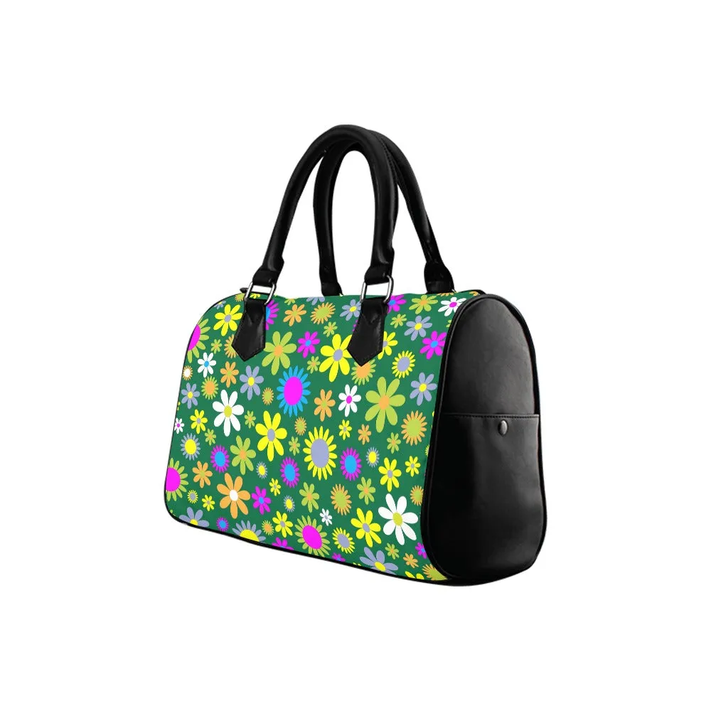 Green Retro Flowers Boston Handbag