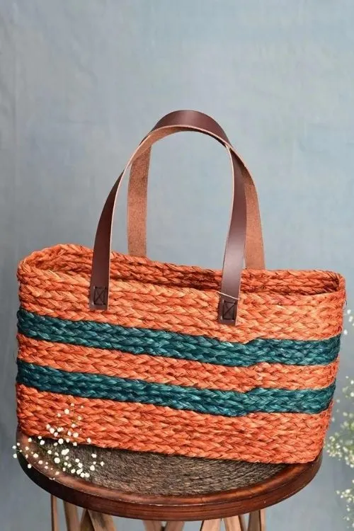 Handmade Sabai Grass Shopping Bag - Orange & Indigo