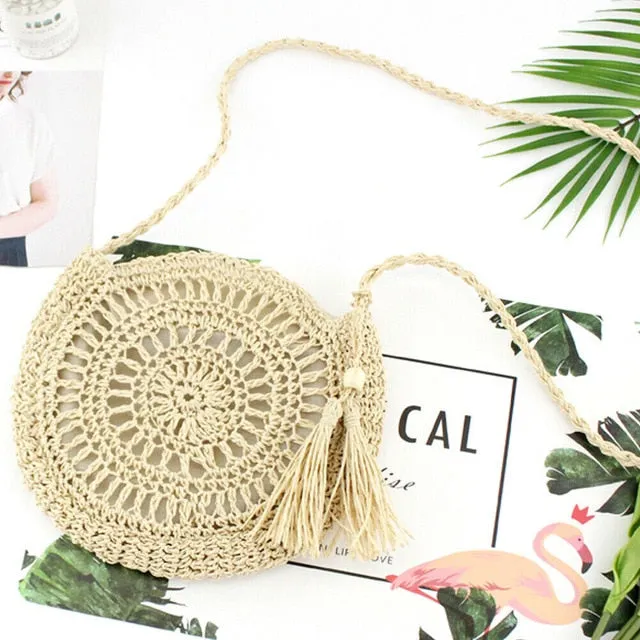 Hot Rattan Woven Round Women Straw Bag Handbag Knit Summer Beach Bag Woman Shoulder Messenger Bag Tassel Bags