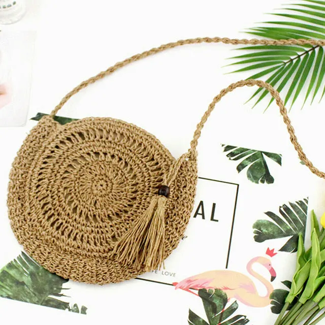 Hot Rattan Woven Round Women Straw Bag Handbag Knit Summer Beach Bag Woman Shoulder Messenger Bag Tassel Bags