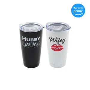 Hubby Mustache Wifey Red Lips 20 Ounce Stainless Steel Travel Tumbler Mug with Lid Set 2