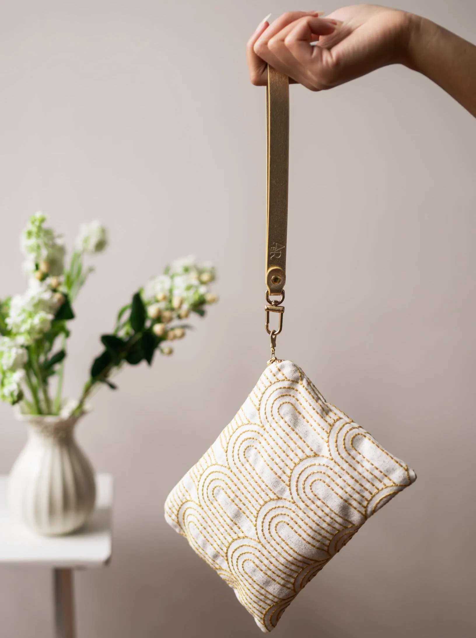 Josephine Embroidered Gold and White Wristlet Purse