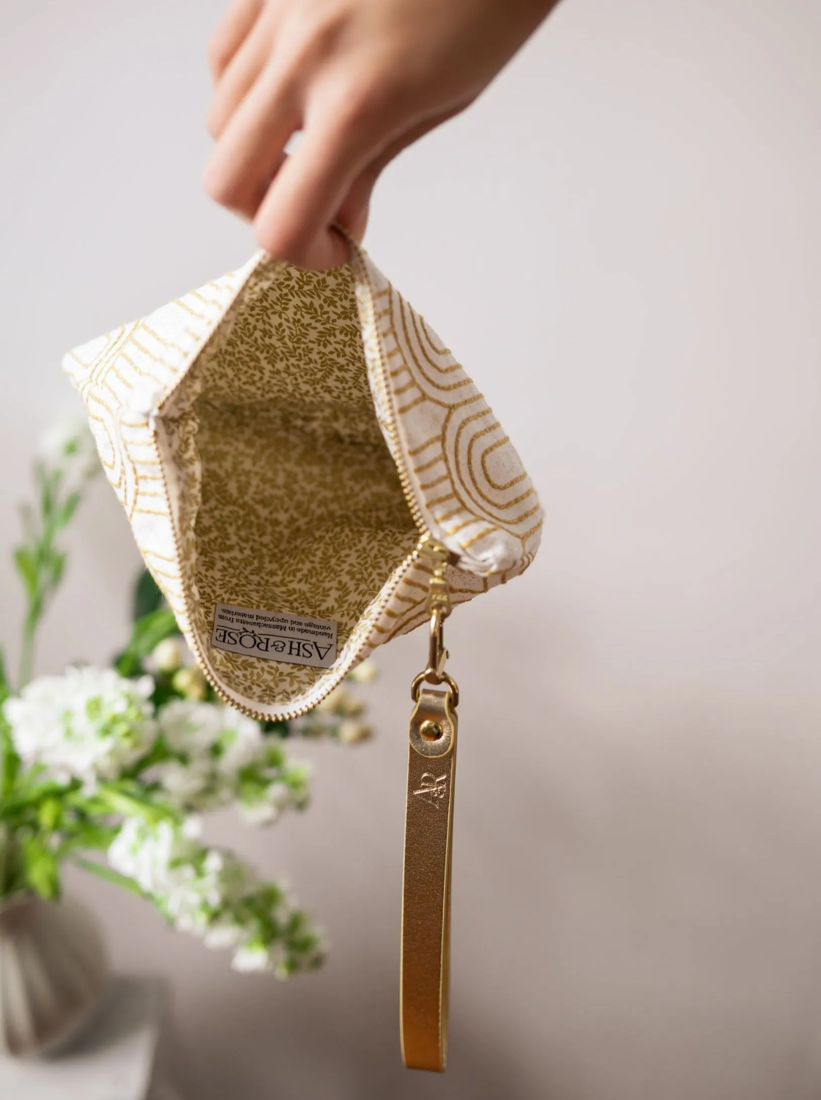 Josephine Embroidered Gold and White Wristlet Purse