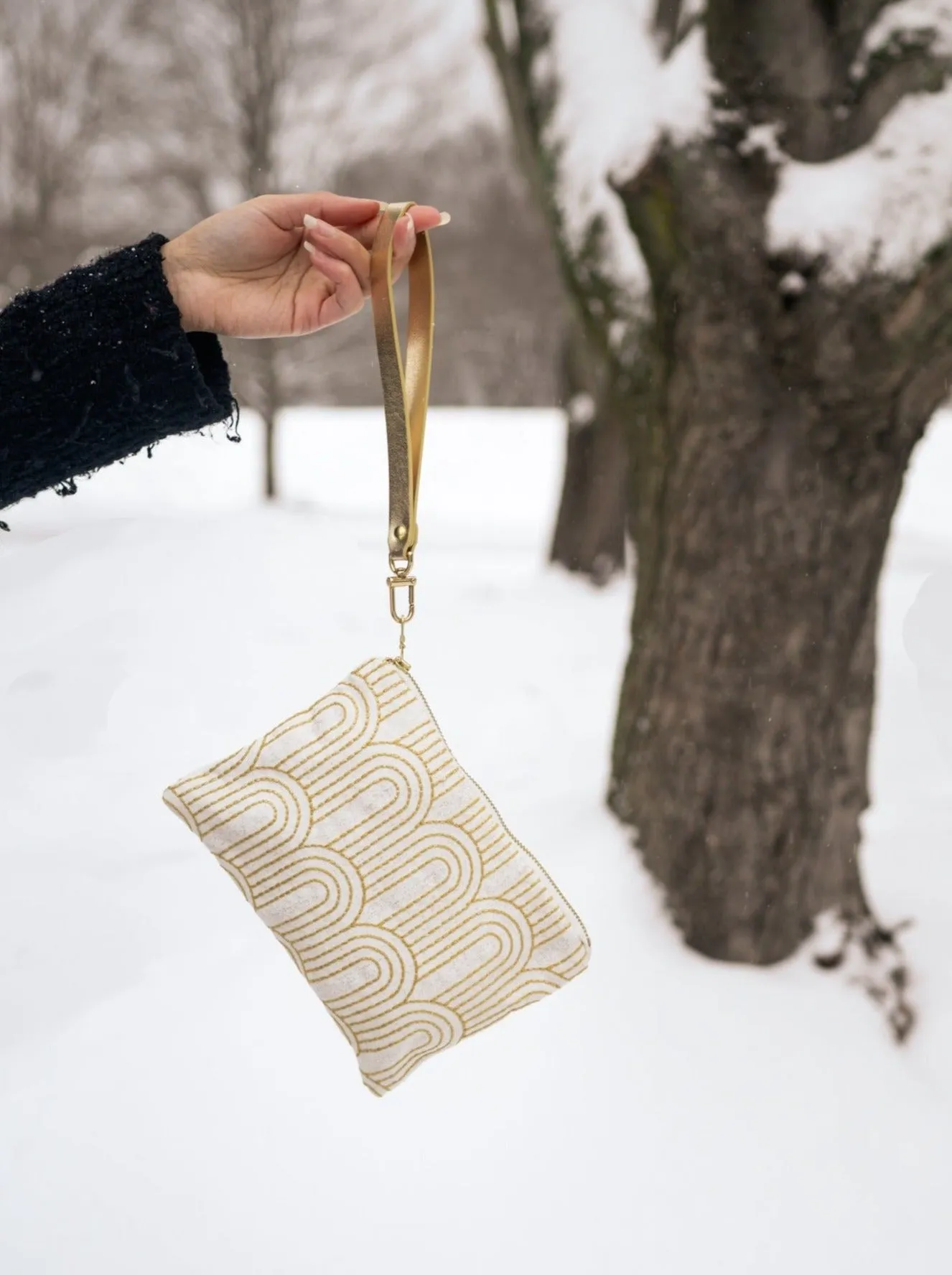 Josephine Embroidered Gold and White Wristlet Purse