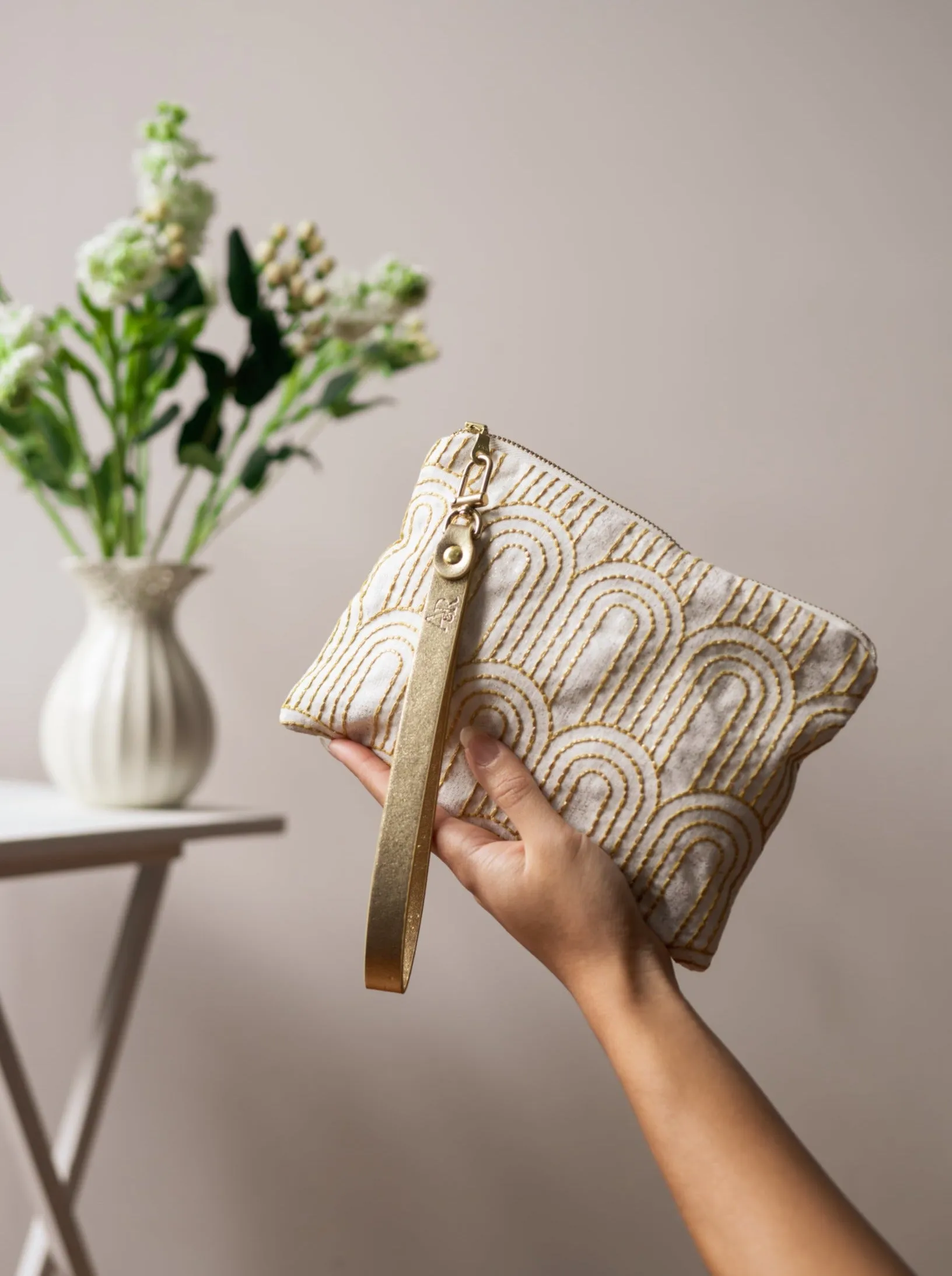 Josephine Embroidered Gold and White Wristlet Purse