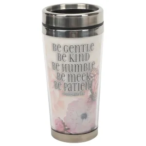 Kind Humble Meek Patient Pink Floral 16 ounce Stainless Steel Travel Tumbler Mug with Lid