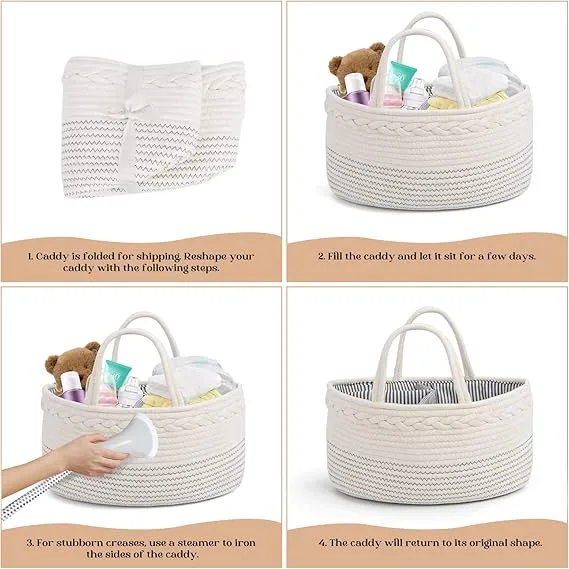 Large Cotton Rope Diaper Caddy Organizer – Portable Baby Storage Basket with Removable Divider