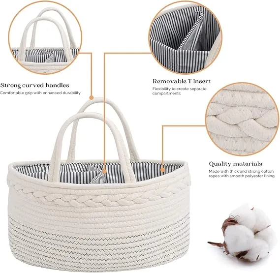 Large Cotton Rope Diaper Caddy Organizer – Portable Baby Storage Basket with Removable Divider