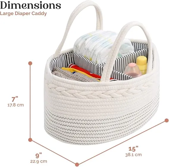 Large Cotton Rope Diaper Caddy Organizer – Portable Baby Storage Basket with Removable Divider