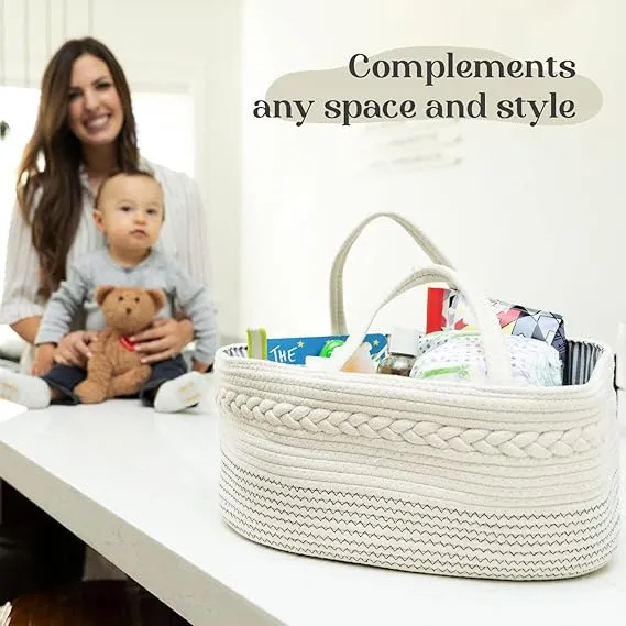 Large Cotton Rope Diaper Caddy Organizer – Portable Baby Storage Basket with Removable Divider