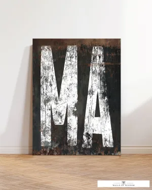 Massachusetts State Western Typography Canvas Wall Art: Blending Industrial Charm & Farmhouse Warmth