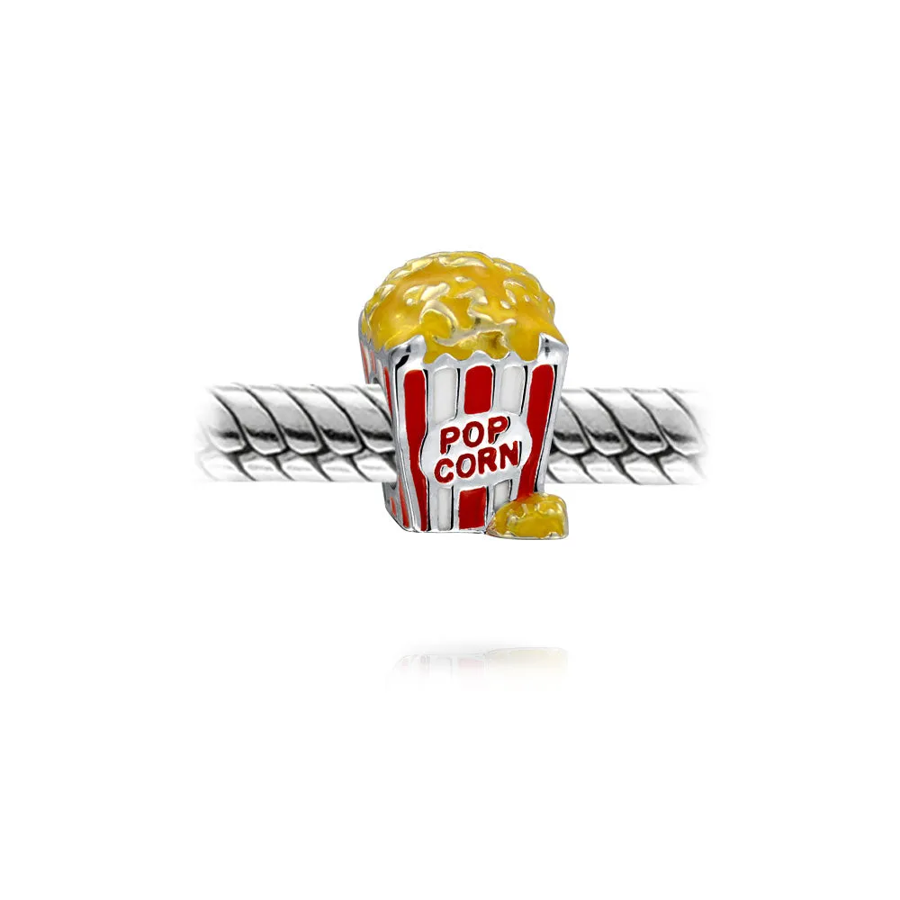 Movie Lover Popcorn Charm Bead Enamel Sterling Silver for European Bracelets