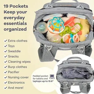 Multifunction Diaper Bag Backpack – Large Capacity, Waterproof, Gray