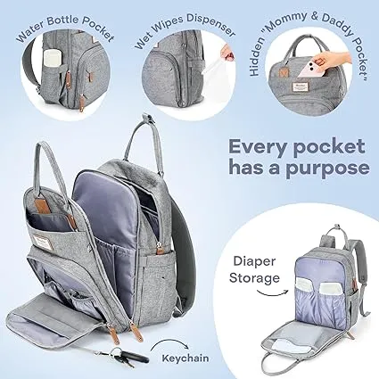 Multifunction Diaper Bag Backpack – Large Capacity, Waterproof, Gray